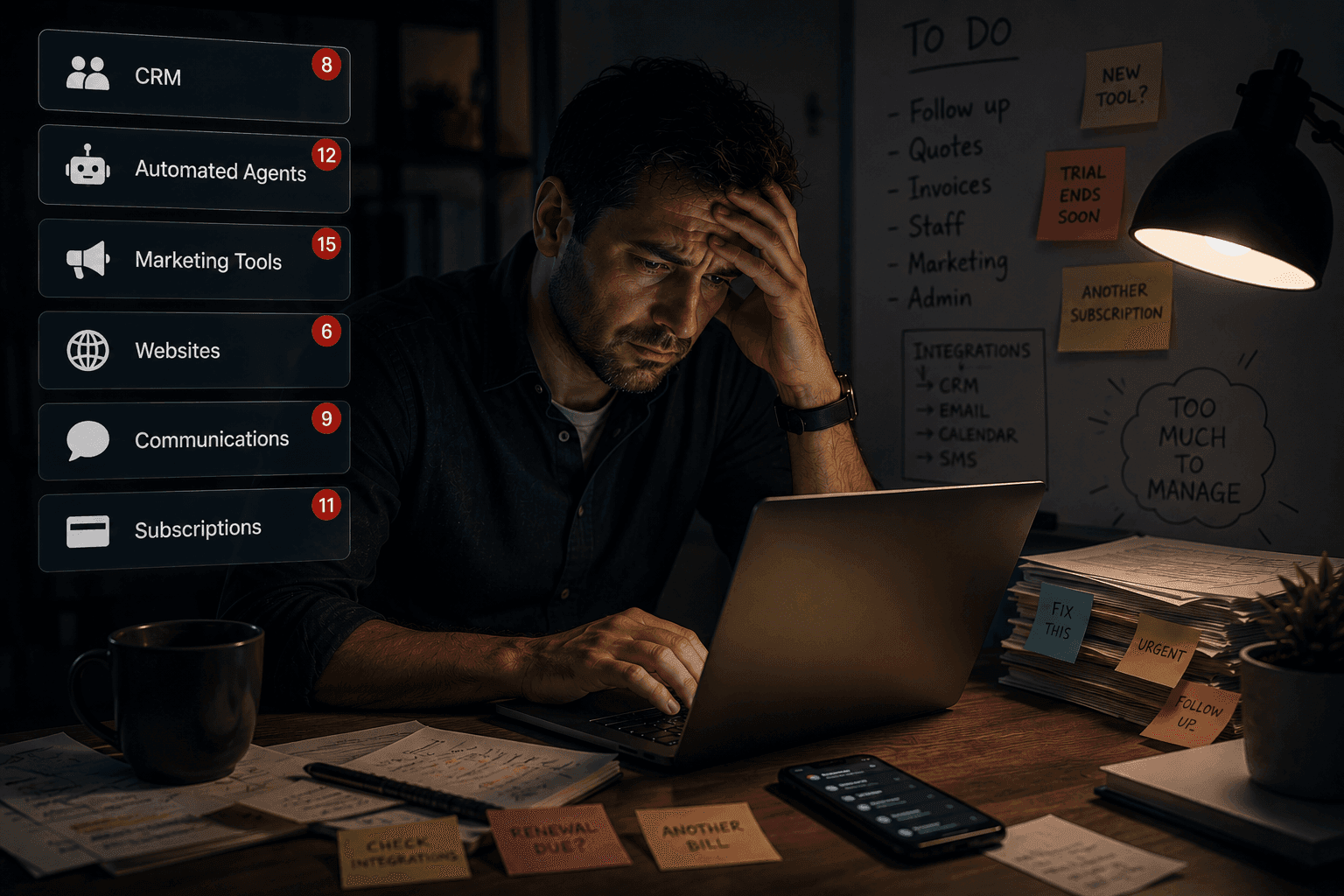 Business owner working late at night feeling overwhelmed by multiple software tools, subscriptions, admin tasks, and disconnected business systems.