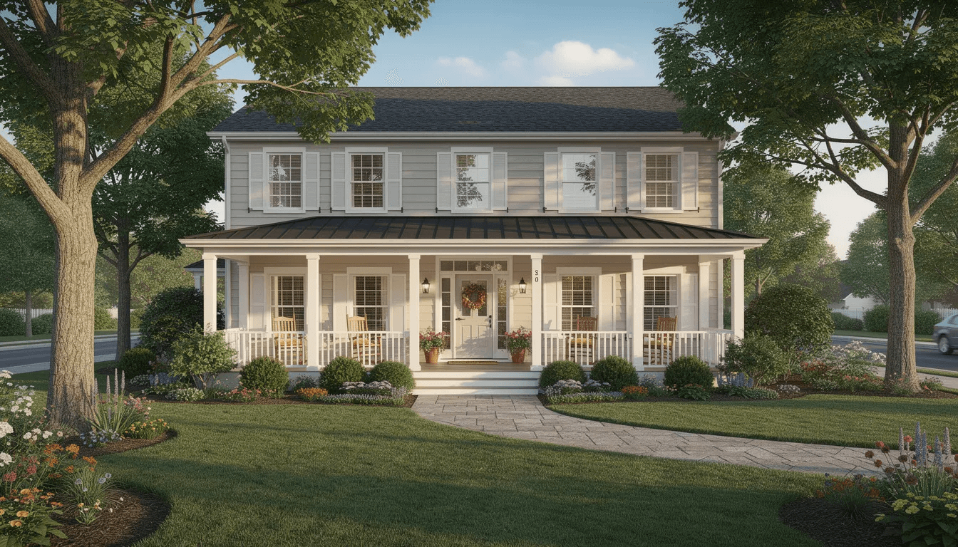 The image depicts a charming family home with a traditional front porch, surrounded by mature landscaping that enhances its curb appeal. This inviting exterior symbolizes a primary residence, where considerations about capital gains tax may arise if the property is sold in the future.
