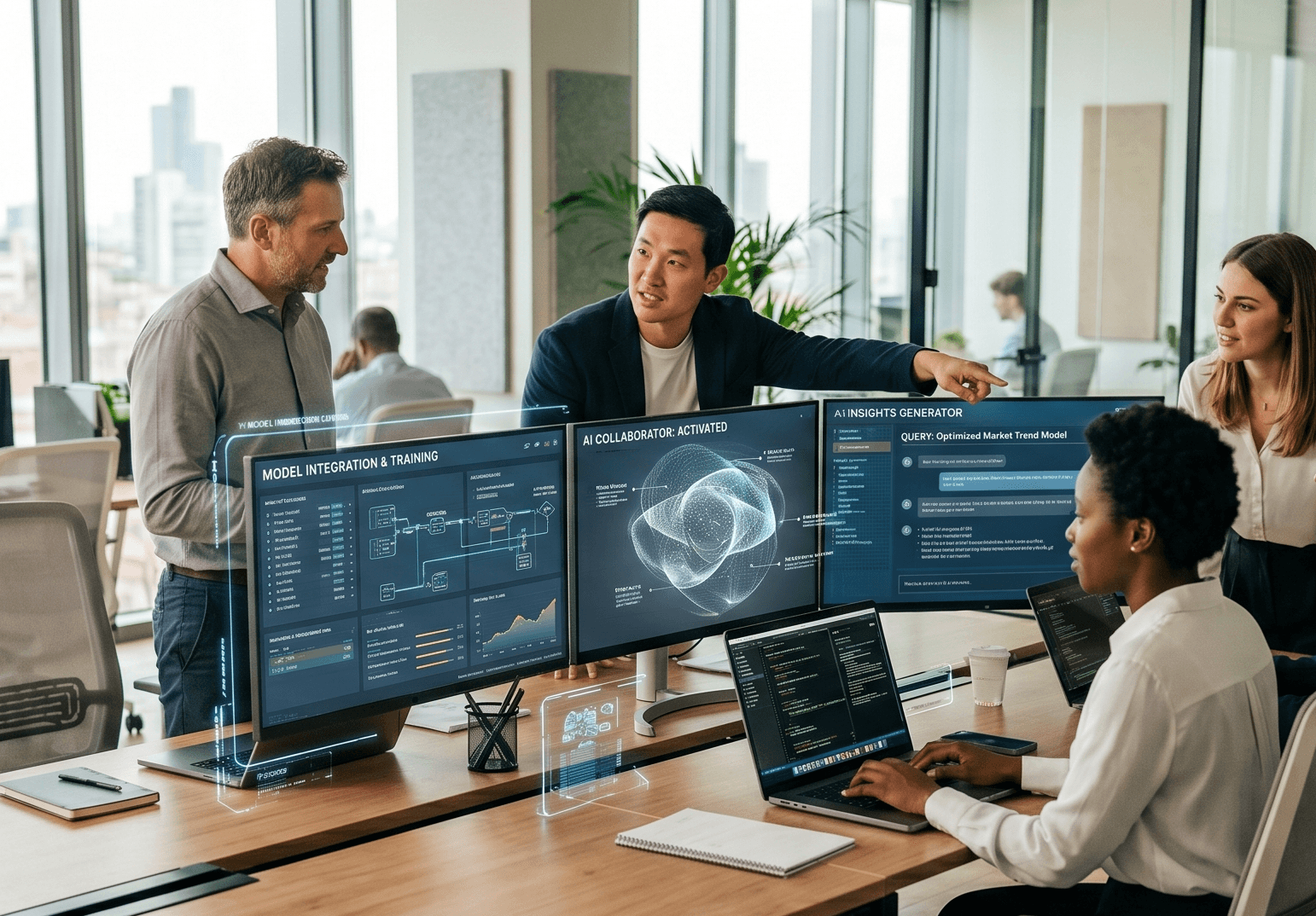 Team working with AI management tools in a modern office — People Yield