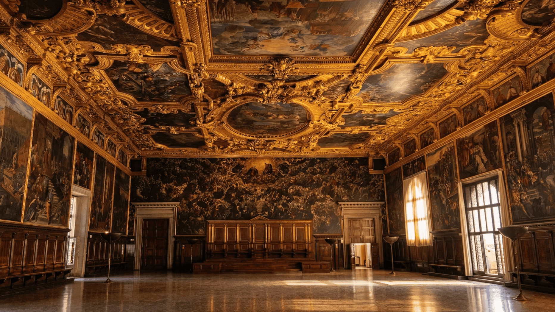 Парадный зал Дворца дожей в Венеции с богато украшенным потолком и фресками