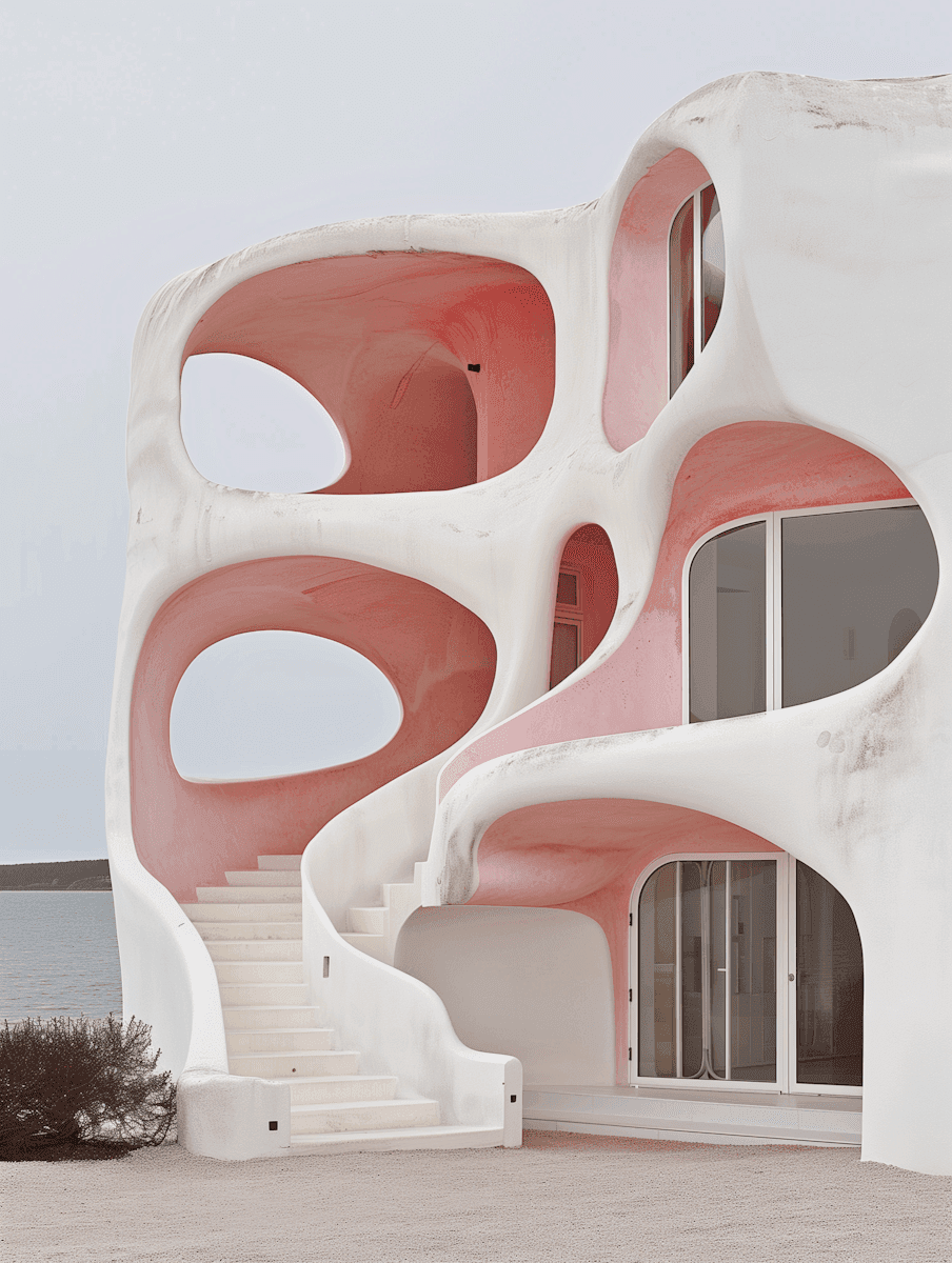 Curved low-rise structure with warm evening light and tropical landscaping