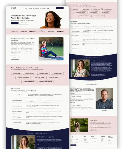 The webpage design features a modern layout with sections dedicated to mental health resources, showcasing smiling individuals and testimonials, emphasizing support and wellness.