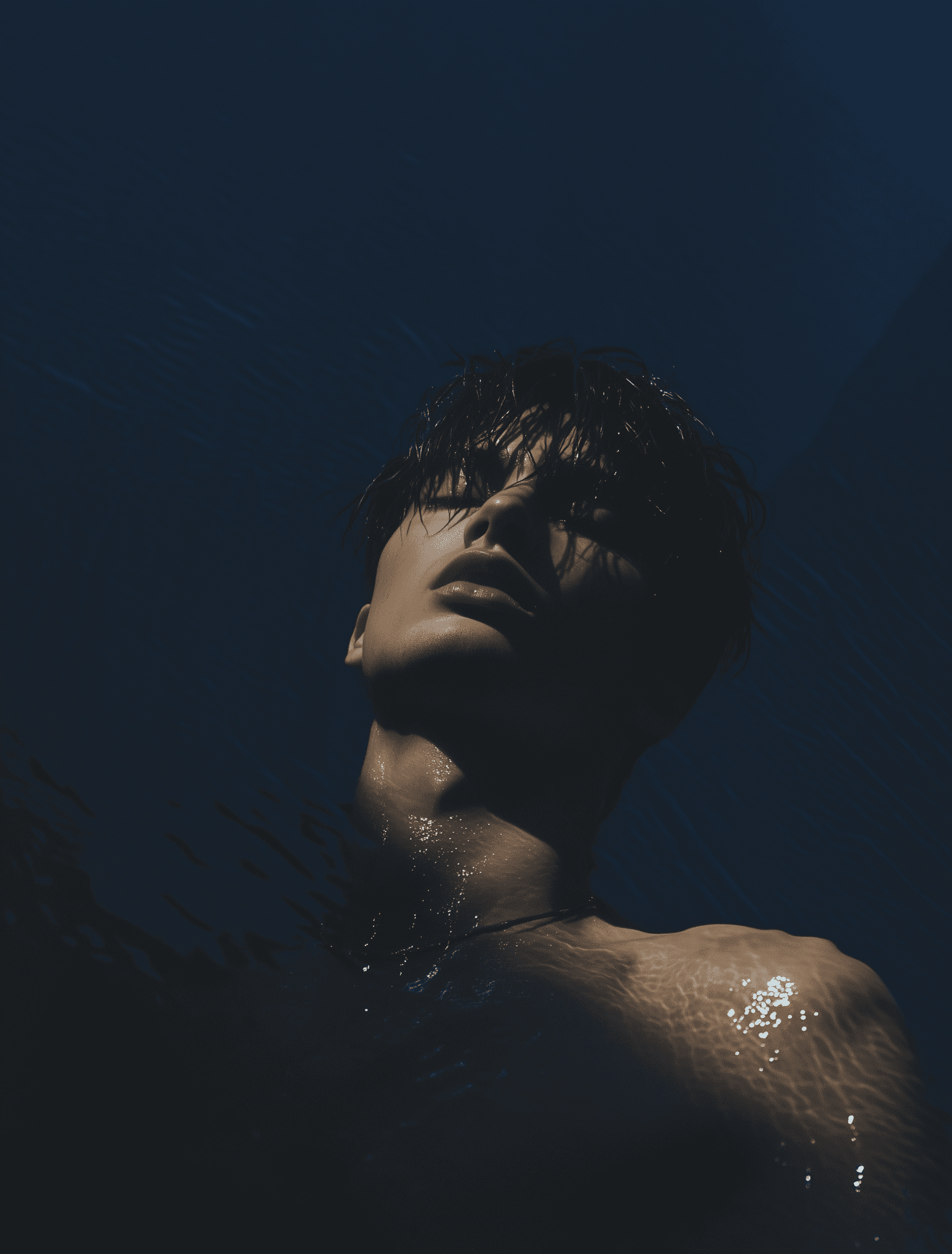 Minimalistic double exposure effect photography of an androgynous male model, against a dark blue background, in the style of Ren Hang.