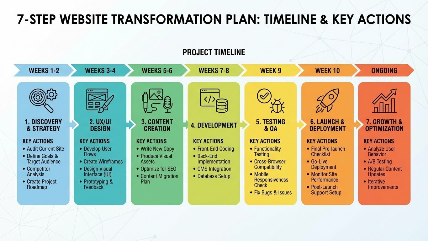 7-step website transformation plan with timeline and key actions