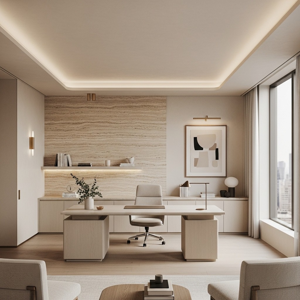 Modern office redesign concept with built-in shelving, warm neutrals, and premium lighting.