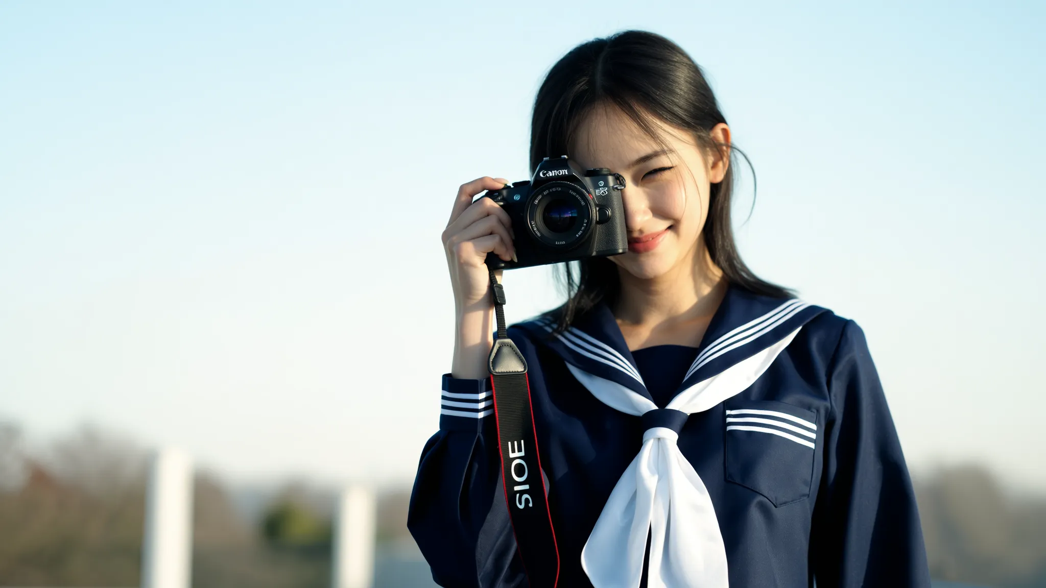 Weibliches KI-Model in Marine-Uniform, das mit einer Kamera lächelnd posiert und durch helles Tageslicht einen freundlichen, klaren Outdoor-Look erhält.