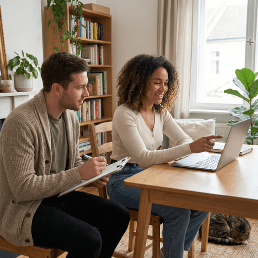 Zwei Personen sitzen an einem Holztisch, eine zeigt auf einen Laptop, die andere macht sich Notizen auf einem Klemmbrett