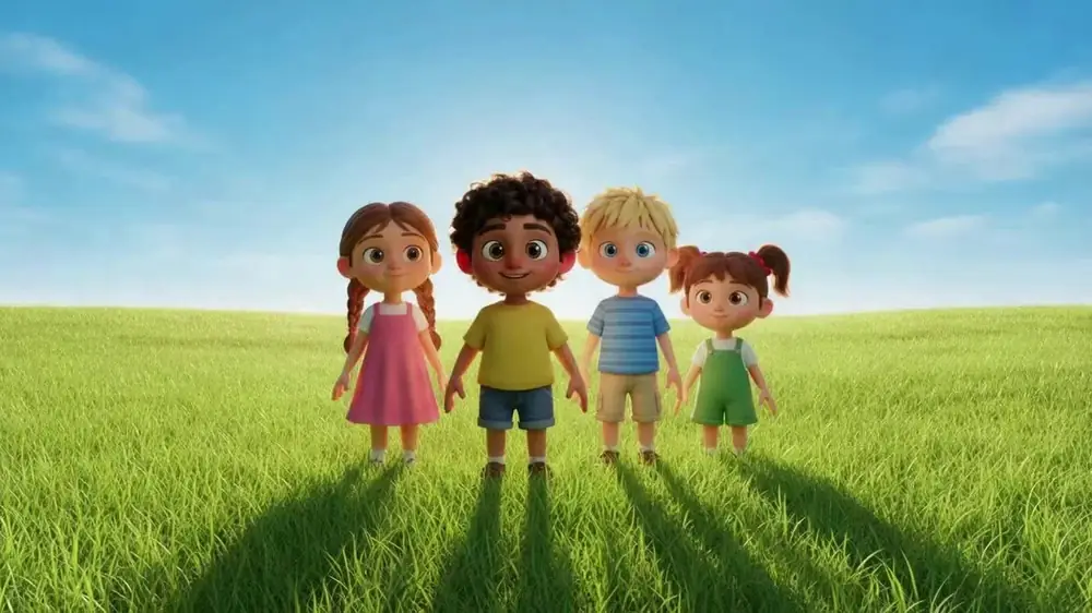 Scene 26: four children standing together in a sunny field