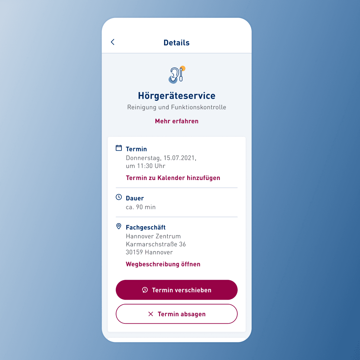 Smartphone-Screen mit Servicetermin-Details für eine Reinigung und Funktionskontrolle am [Datum] in [Stadt], inklusive Adresse, Uhrzeit, Dauer und Buttons für Terminverschiebung oder -absage.