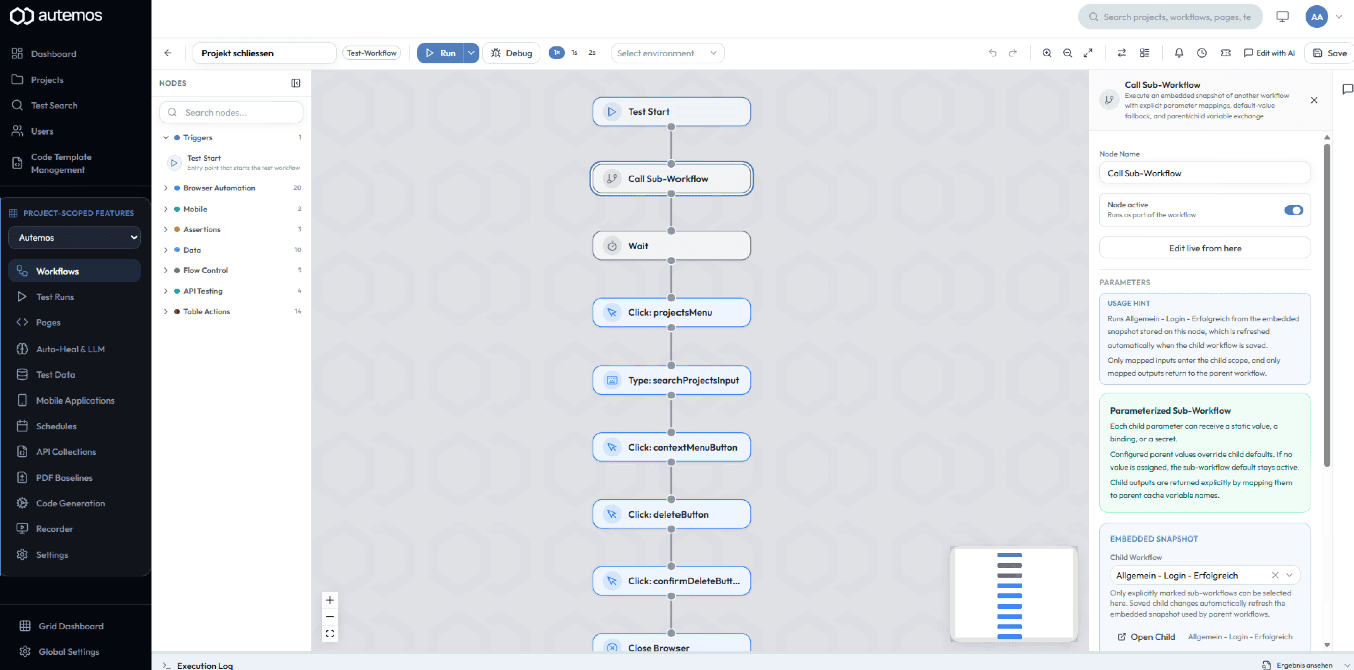 Workflow editor with a Call Sub-Workflow node and its parameter mapping
