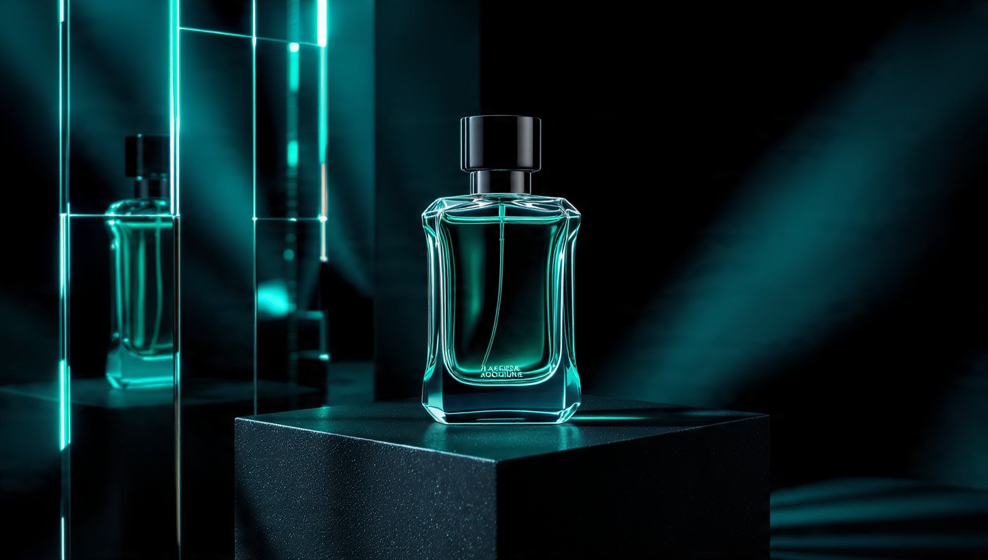 Sleek angular fragrance bottle in deep aqua-blue juice, faceted square glass design with black cap, positioned on a reflective black pedestal amid fractured gem-like teal facets and glowing cyan highlights creating a futuristic, icy atmosphere.
