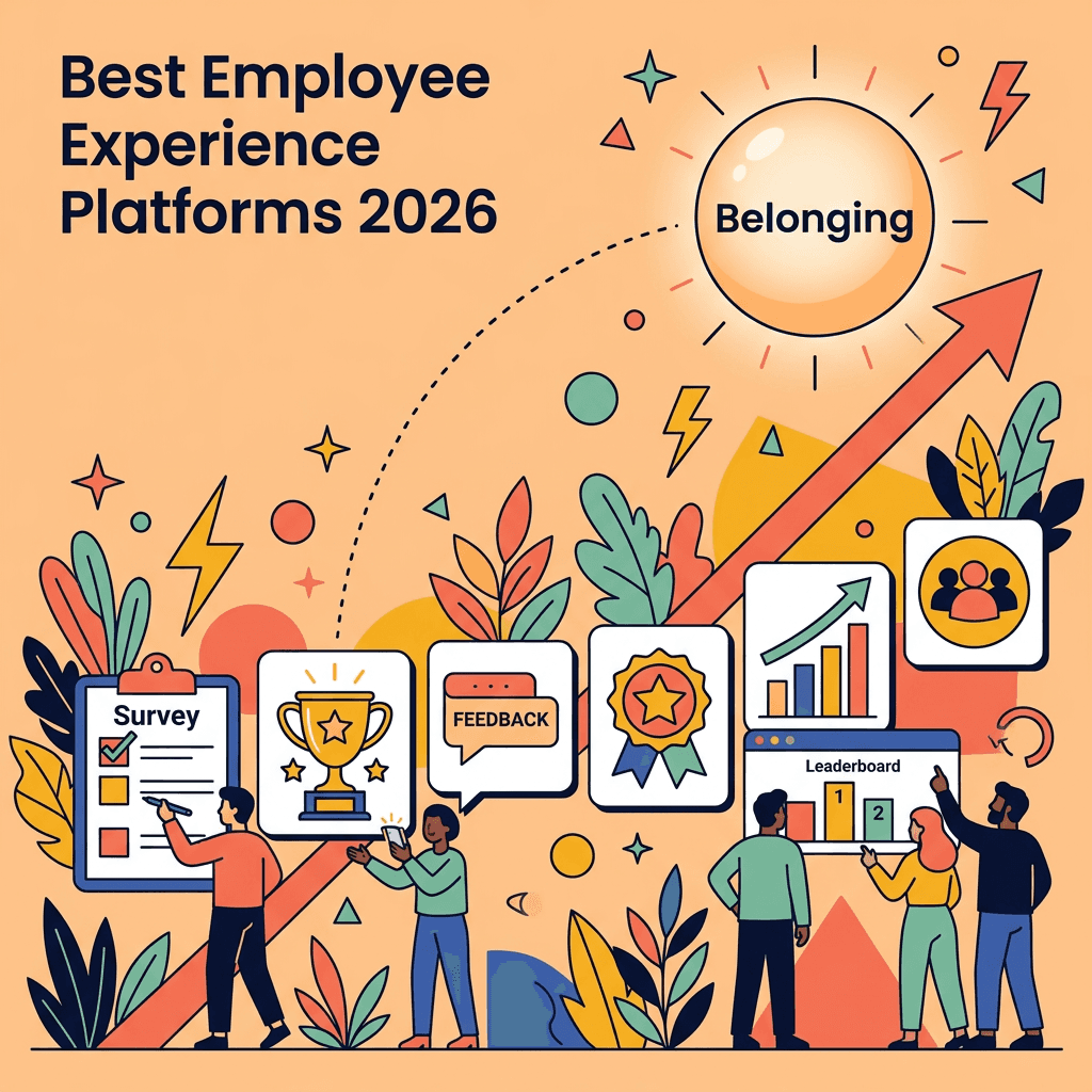 An illustrated infographic titled "Best Employee Experience Platforms 2026," showing diverse employees interacting with icons for surveys, feedback, and leaderboards, all leading toward a glowing sun labeled "Belonging."