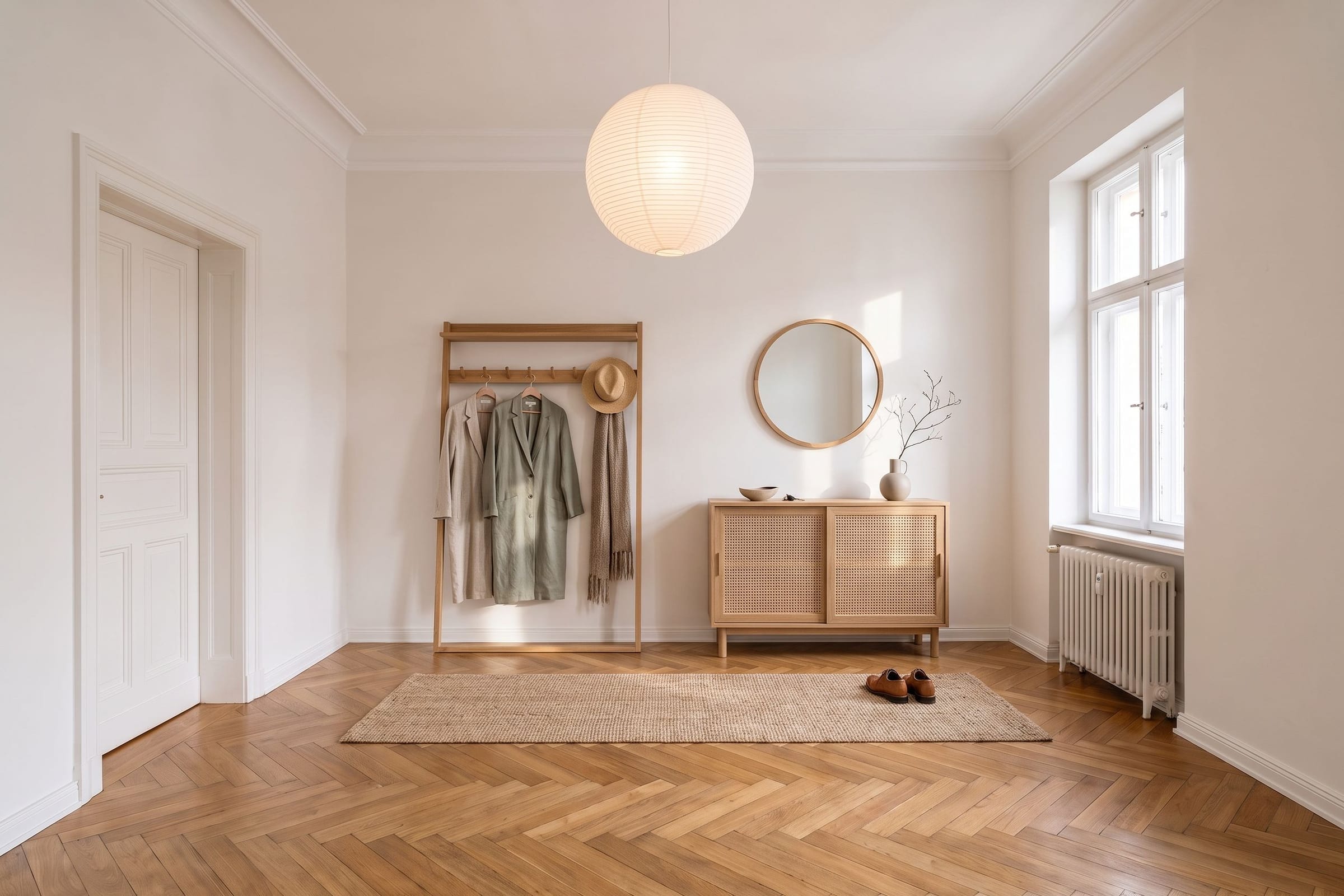 Flur mit Hakenleiste aus Holz, Kommode mit Rattanfronten, rundem Holzspiegel, großer Papierleuchte und Läufer aus Jute