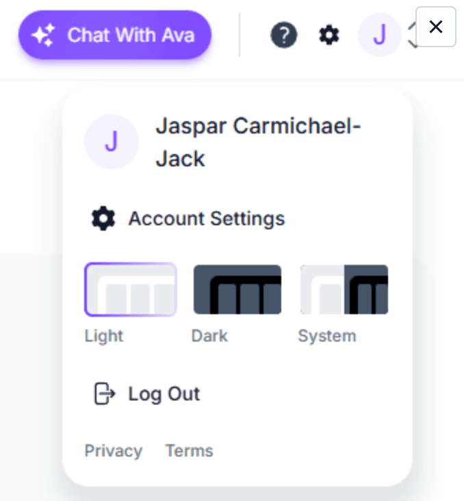 Artisan AI dashboard showing user profile, theme options, and account settings.