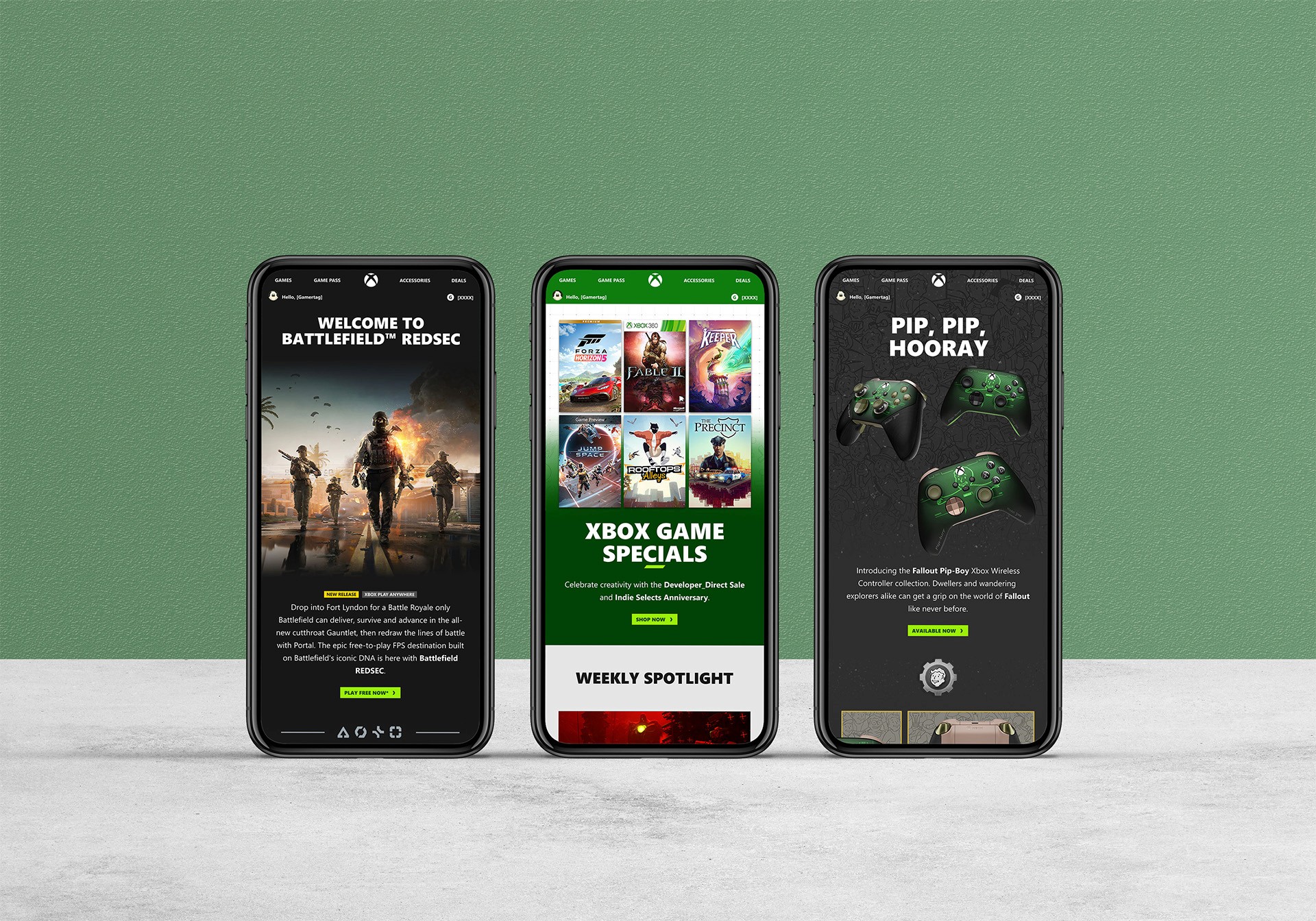Three mobile phones displaying Xbox emails featuring Battlefield Redsec, Xbox Game specials, and fallout pip-boy xbox controllers