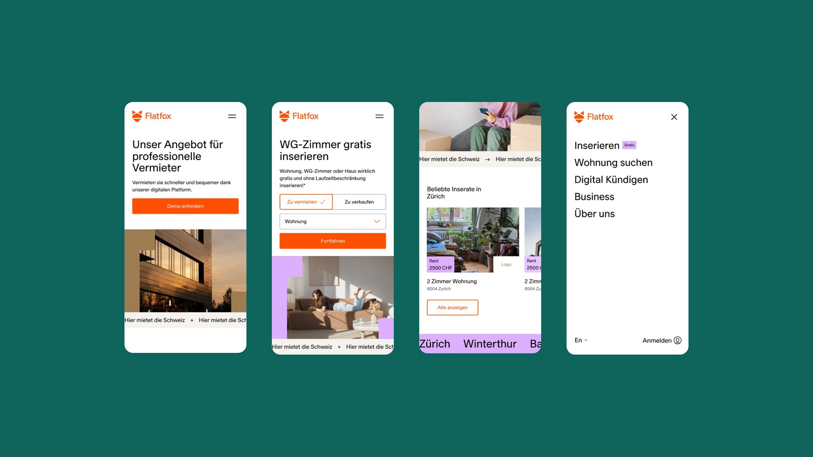 Four smartphone screens showing different stages of the Flatfox mobile app user flow, including service offerings for professional landlords, a listing creation wizard, and a navigation menu. This highlights the studio's expertise in complex design systems and end-to-end digital product design.