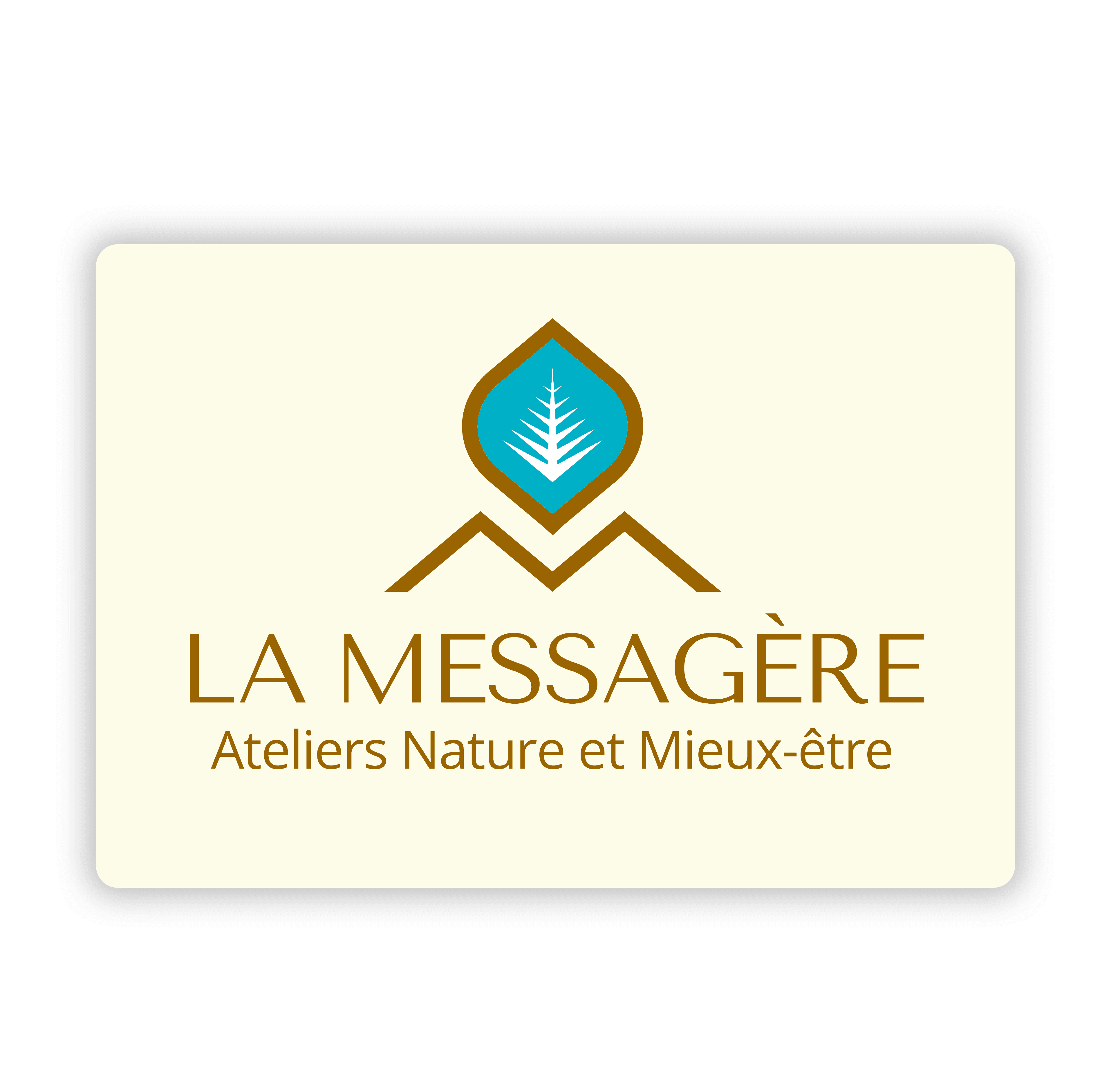 Logo de LA MESSAGÈRE Ateliers Nature et Mieux-être, présentant une icône de montagne dorée surmontée d'un emblème bleu turquoise avec un sapin blanc stylisé, sur un fond crème.