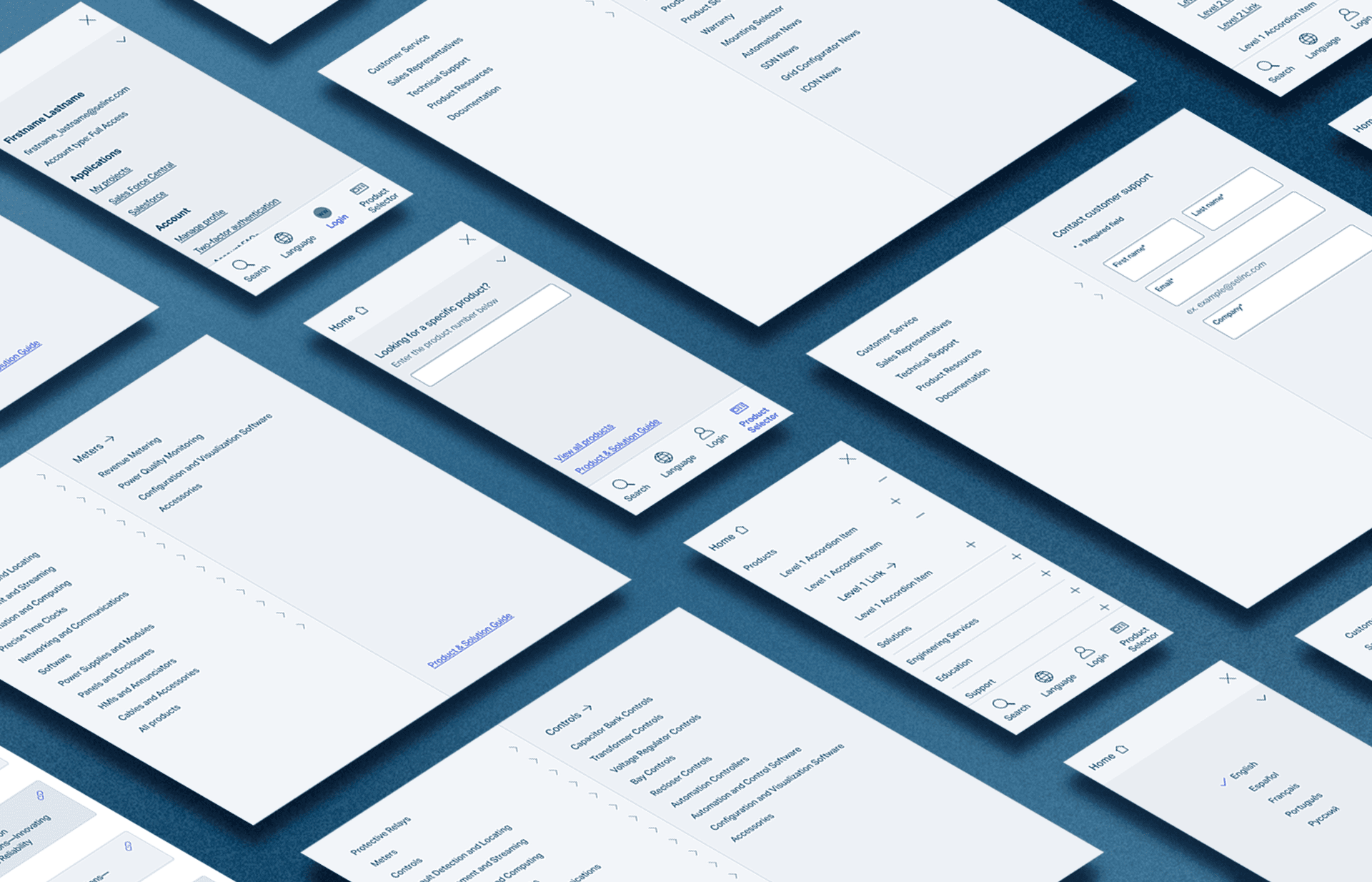 An isometric perspective view of an array of menu UI frames.