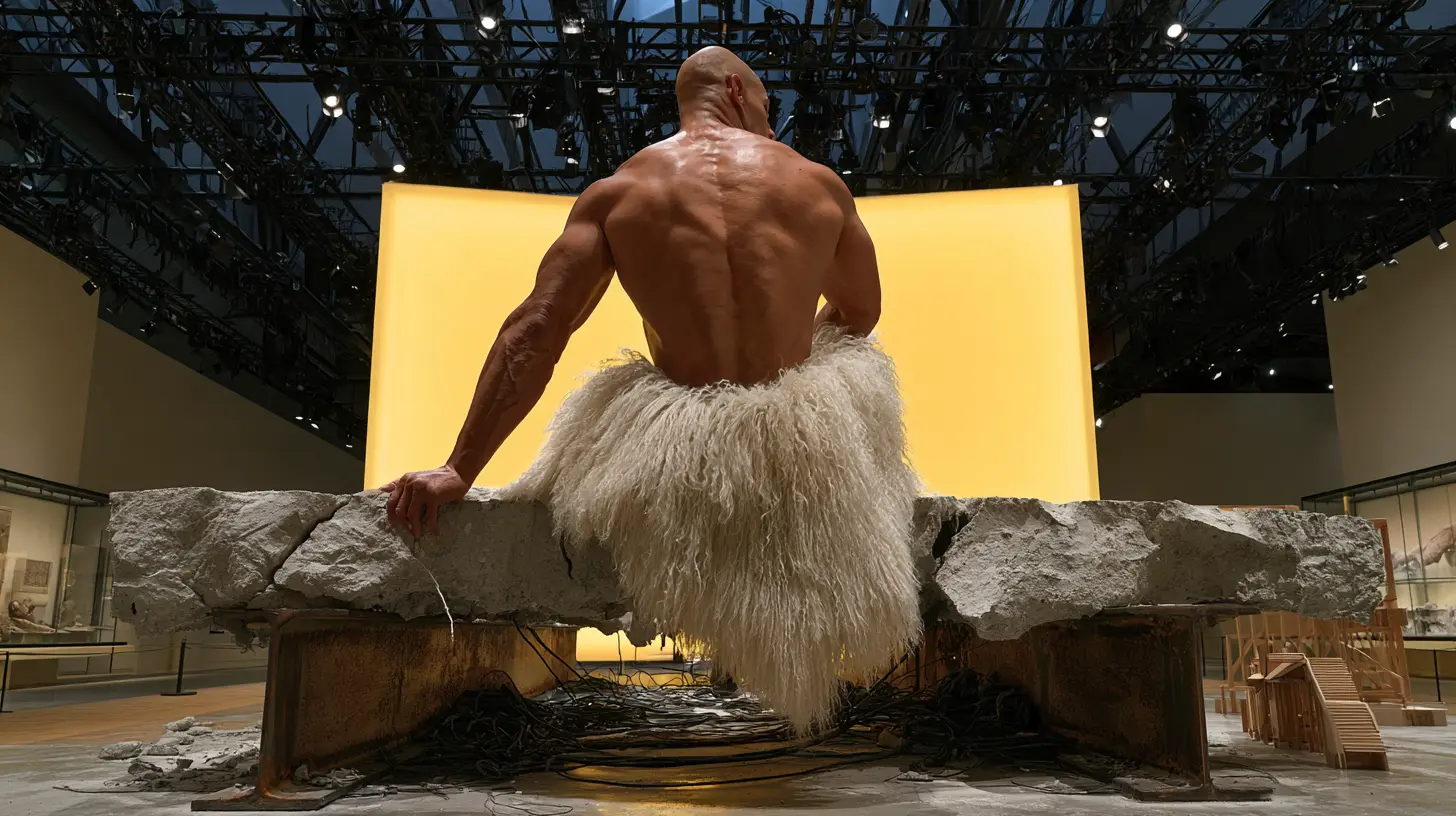 A hyper-realistic, giant sculpture displayed inside a Gentle Monster flagship showroom, viewed from behind. The sculpture depicts a bald, muscular man sitting shirtless on an elevated, rough concrete platform. His hands rest on the surface, while his lower body, from the waist down, is covered in a thick, white, fluffy material resembling fur. The figure overlooks the modern retail space and eyewear display cases below. Behind the sculpture is a large, bright yellow screen that contrasts with the dark ceiling and its rows of spotlights.