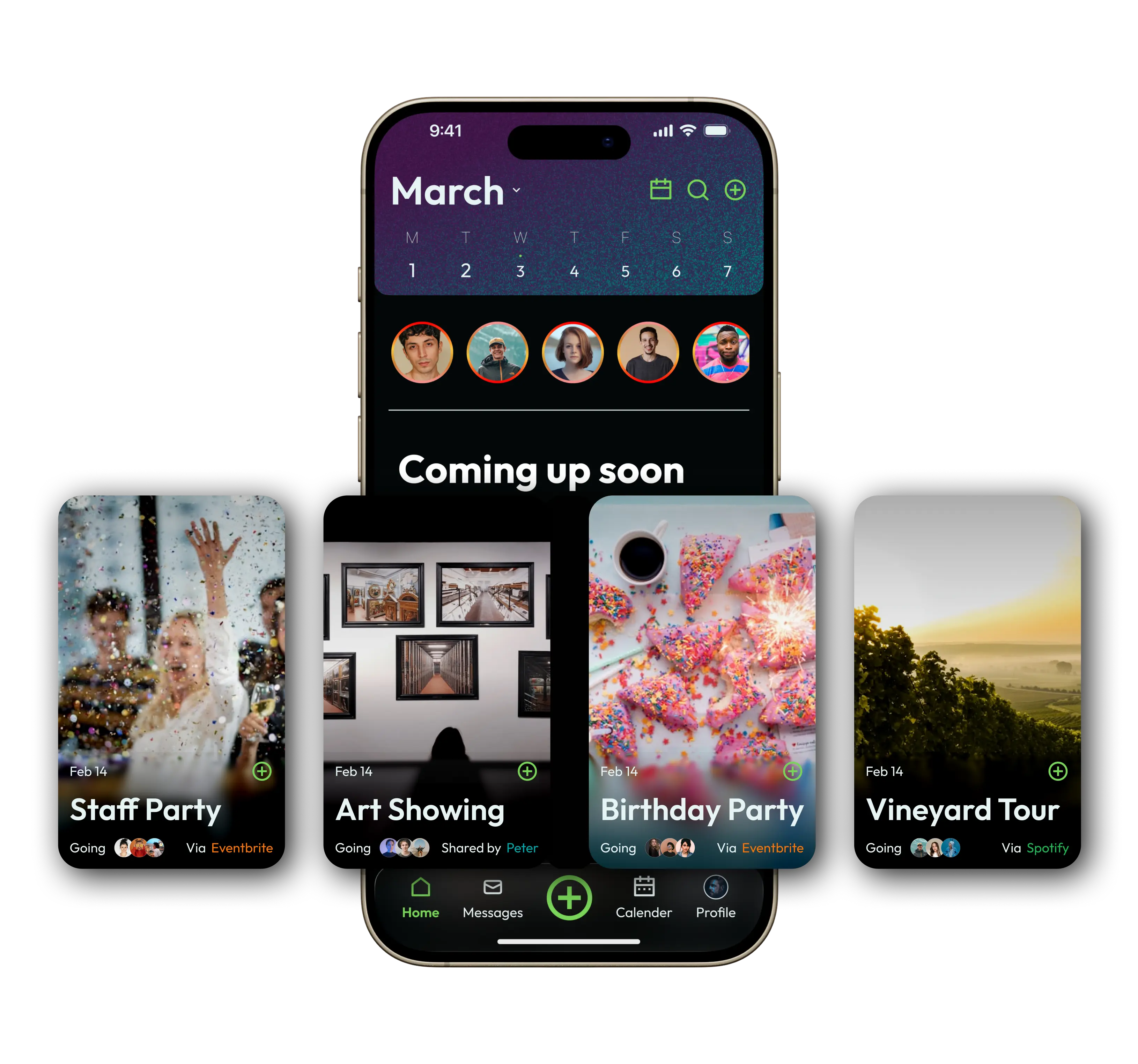 Gatherly project card showing high-fidelity app mockups of the social event coordination interface