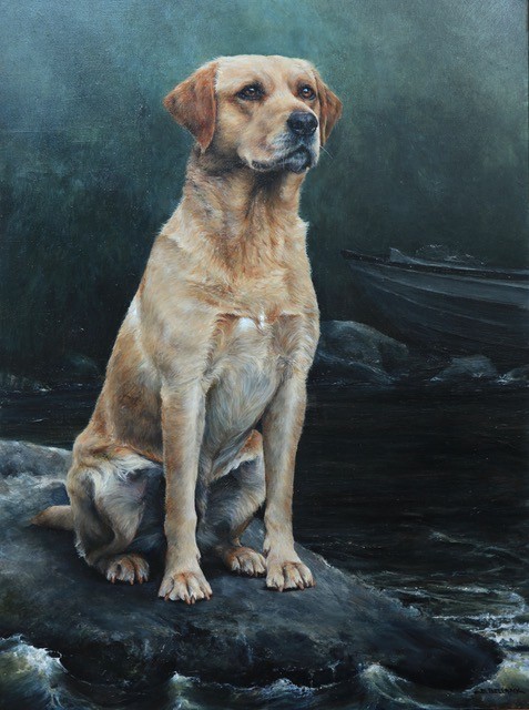 labrador standing on a rock in the sea with a boat commissioned painting