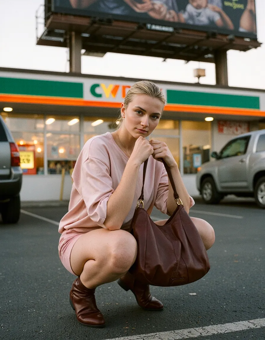 Person in pink outfit with brown leather bag crouching in parking lot with convenience store backdrop, perfect urban fashion aesthetic