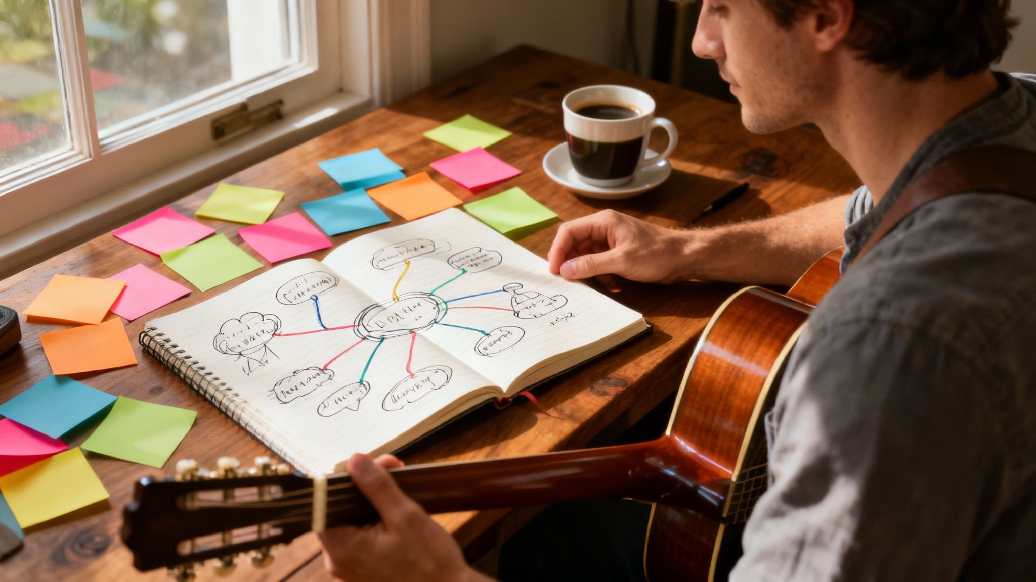 A person's hands writing lyrics in a notebook with a guitar nearby, symbolizing the process of finding a song idea.