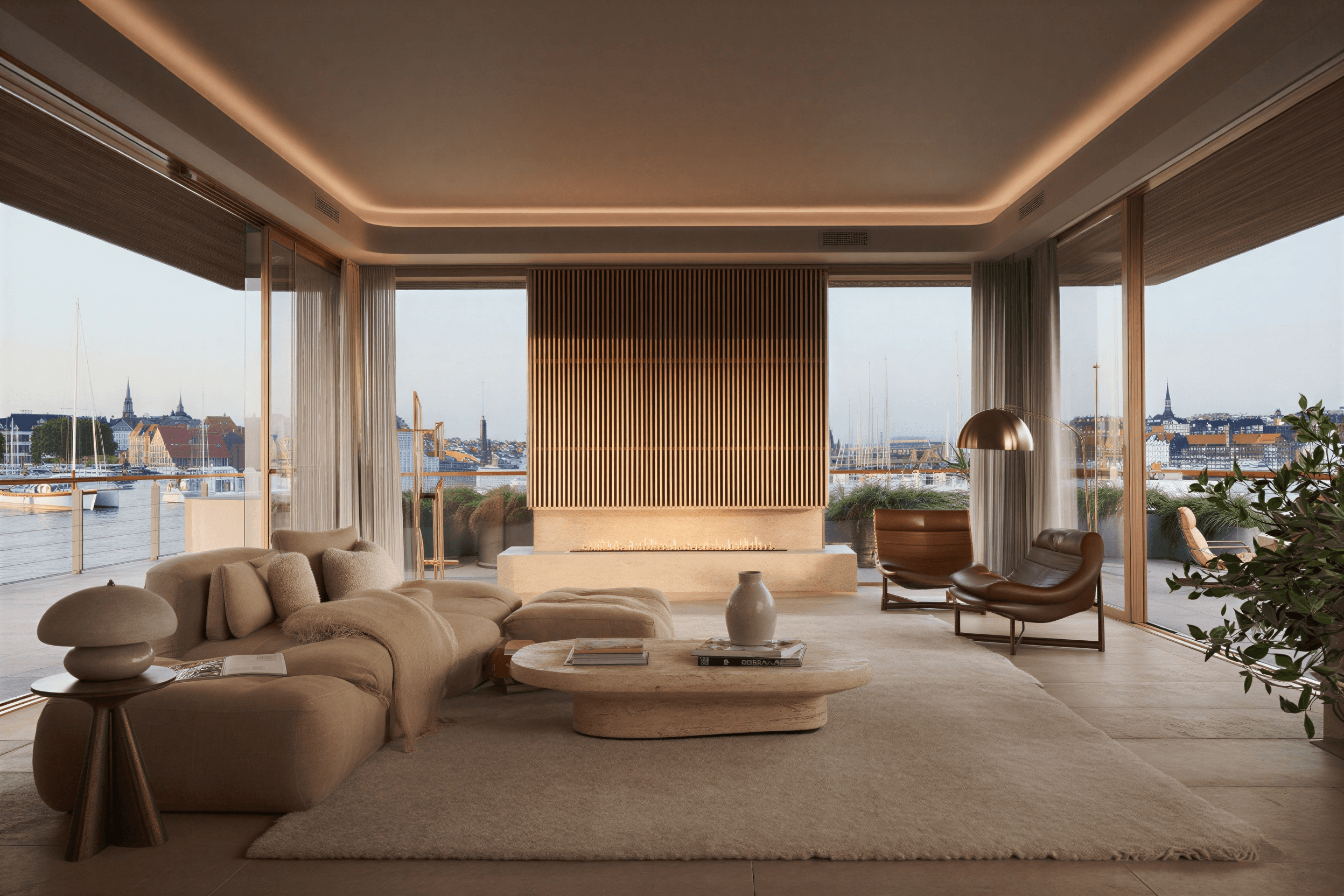 Contemporary living space with warm wood finishes and waterfront views