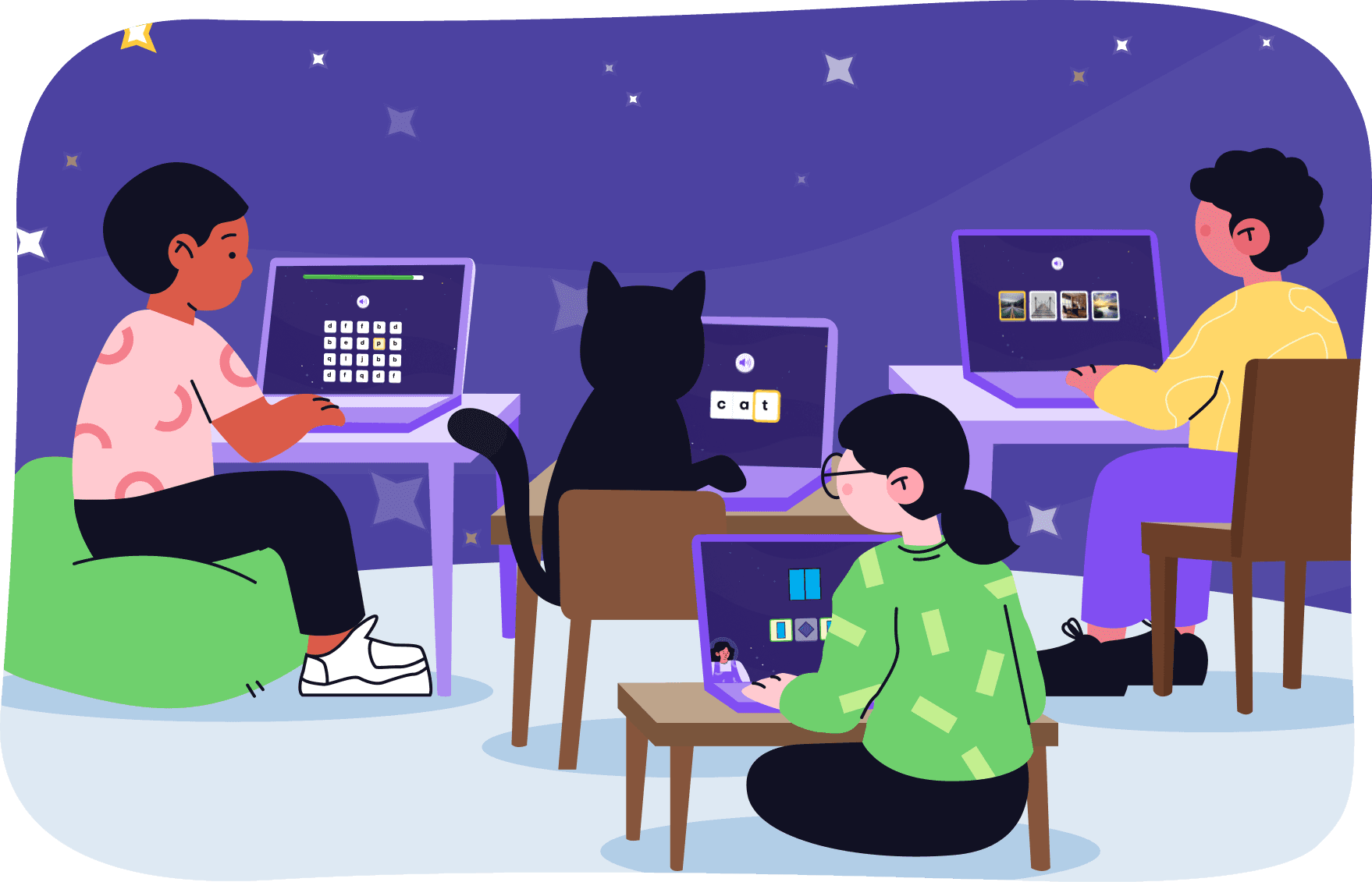 Children in classroom using computers for screening