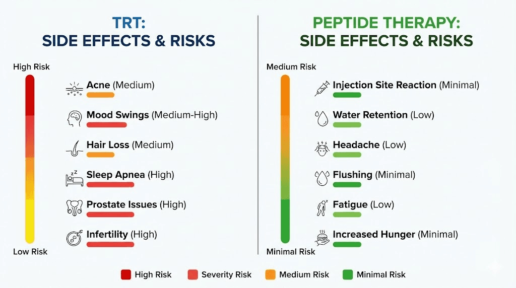 Side-by-side comparison chart of TRT versus peptide therapy side effects and severity levels