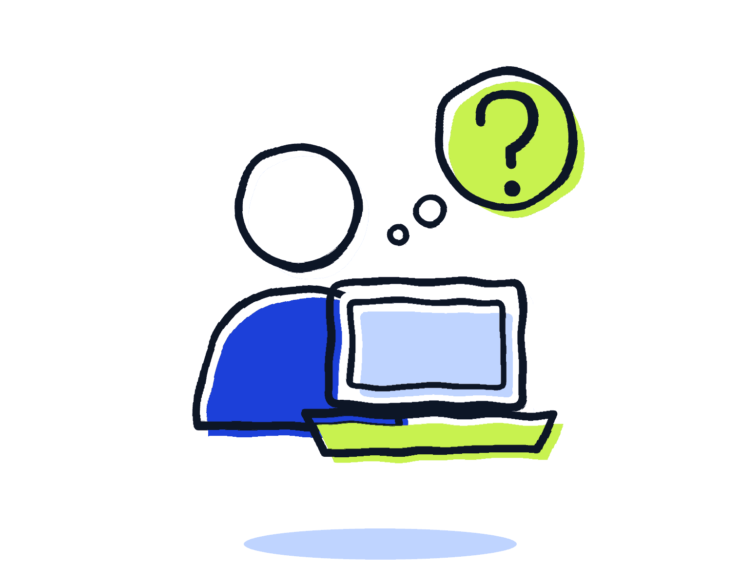 Drawing of a business owner at a laptop with a question mark above