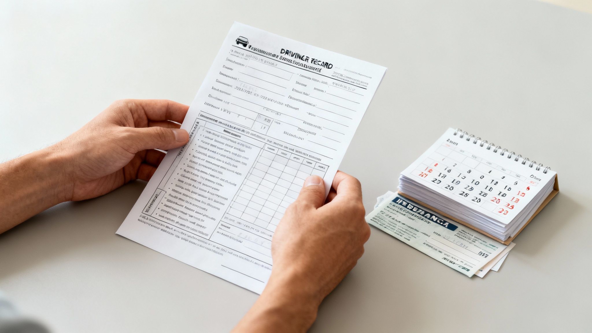 Close-up of a person's hands holding a white document labeled 'DRIVING RECORD' with a calendar nearby.