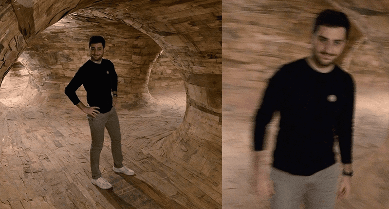 man posing on the left and same man unfocused on the right