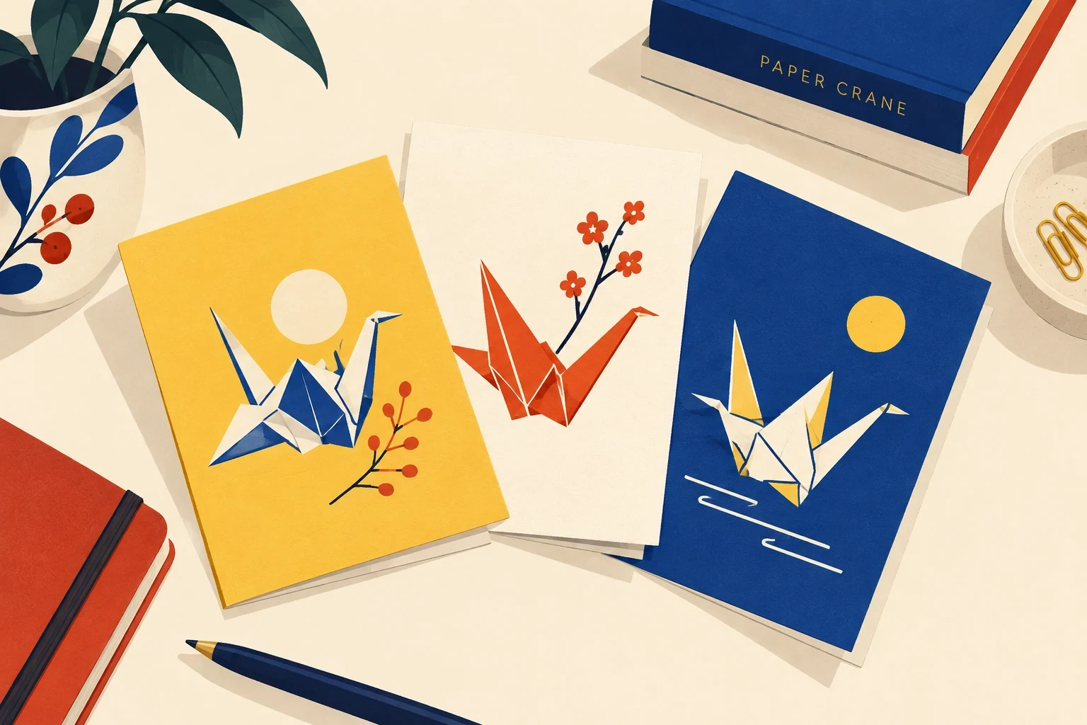 Three tactile greeting cards fanned on cream desk, yellow white and cobalt, each bearing an original contrasting origami crane illustration