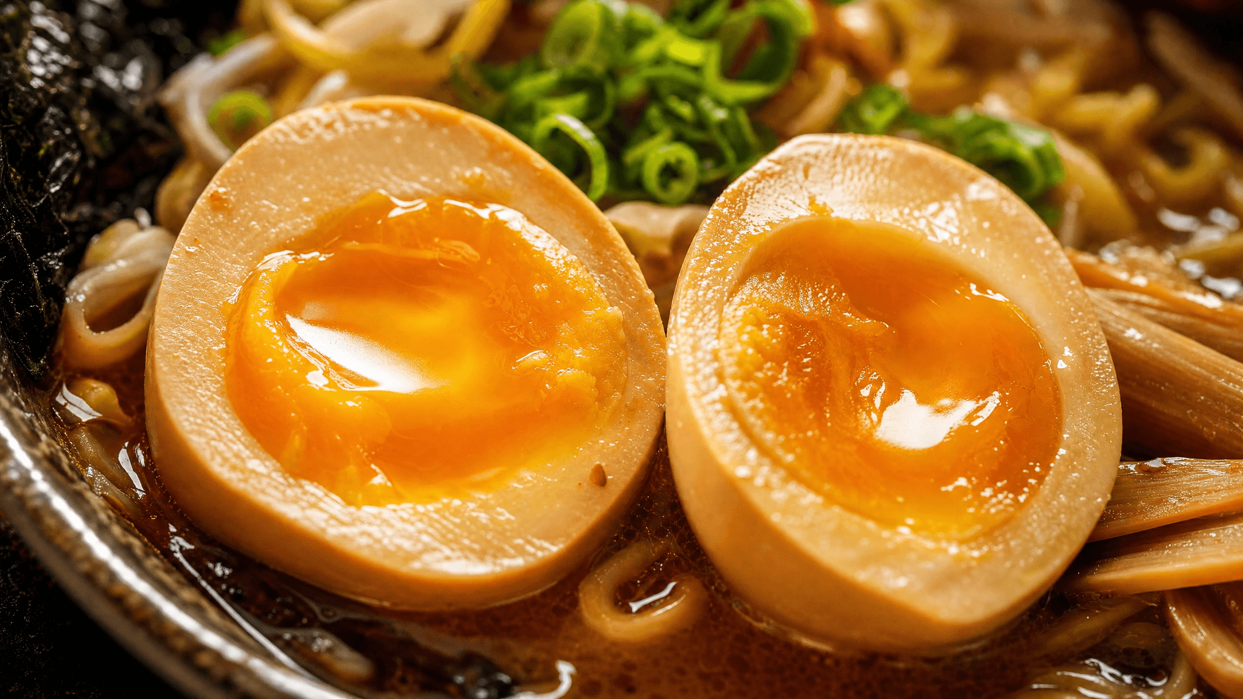 A close-up of a perfectly sliced Japanese ramen egg (Ajitsuke Tamago) showing a jammy golden yolk and soy-marinated egg white, served in a steaming bowl of authentic ramen.