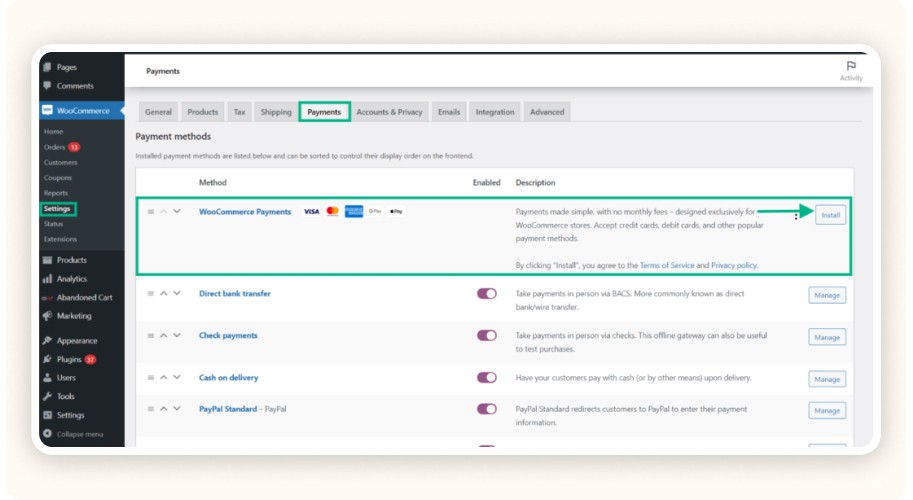 WooCommerce dashboard