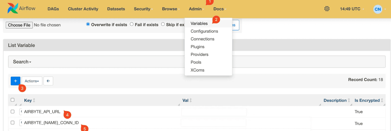 Screenshot of the Airflow UI on the Variables management page, showing how to navigate from the "Admin" menu to "Variables." The page lists Airflow variables including entries like "AIRBYTE_API_URL" and "AIRBYTE_{NAME}_CONN_ID," each marked as encrypted.