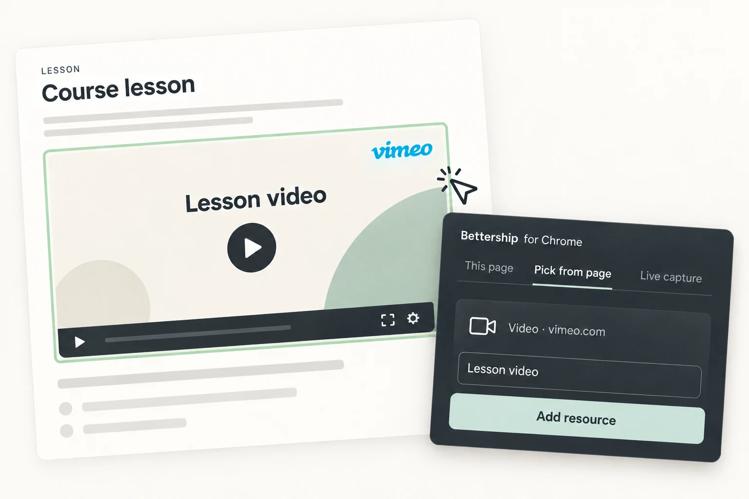 An example Vimeo lesson player outlined for selection beside Pick from page.