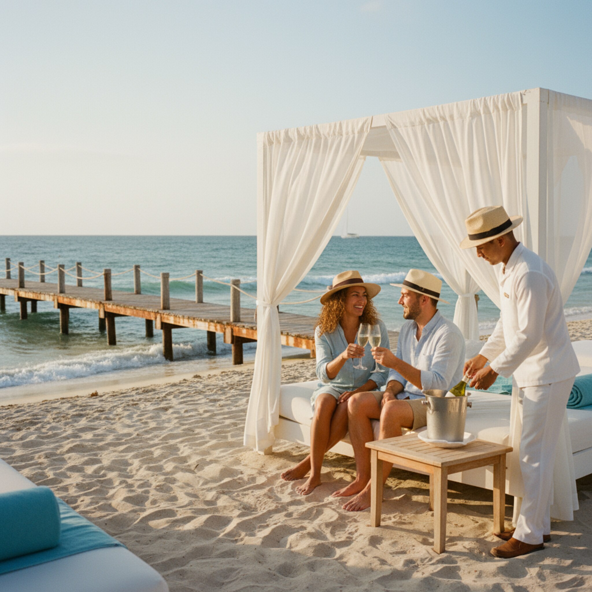 Ein sonniger Strandabschnitt mit weißen Daybeds unter leichten Vorhängen. Zwei Freunde heben lachend Gläser, während im Hintergrund Wellen sanft an den Steg rollen. Ein Kellner stellt eine gekühlte Flasche auf einen niedrigen Tisch. Die Szene wirkt entspannt, aufgeräumt und exklusiv, ohne jede Hektik.