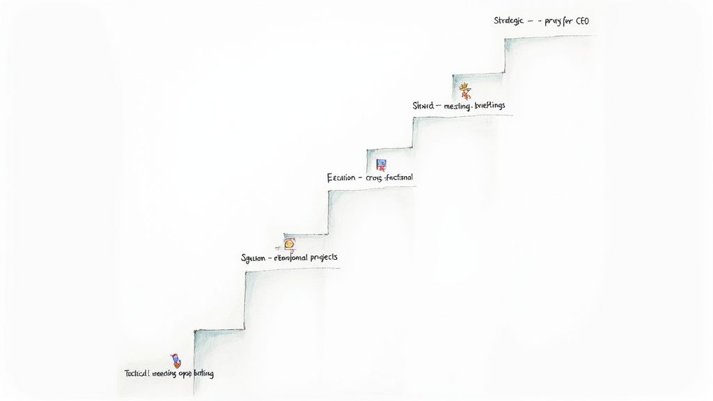 A hand-drawn staircase illustrating five levels of organizational responsibilities from tactical to strategic.