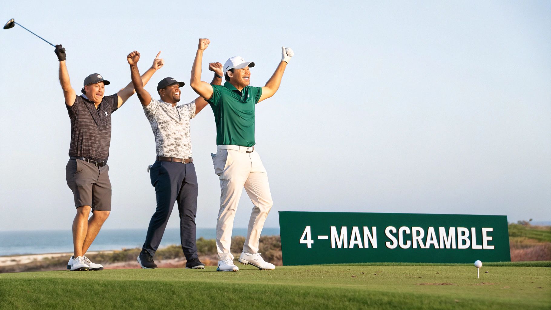 Three excited male golfers celebrate on a golf course tee next to a 