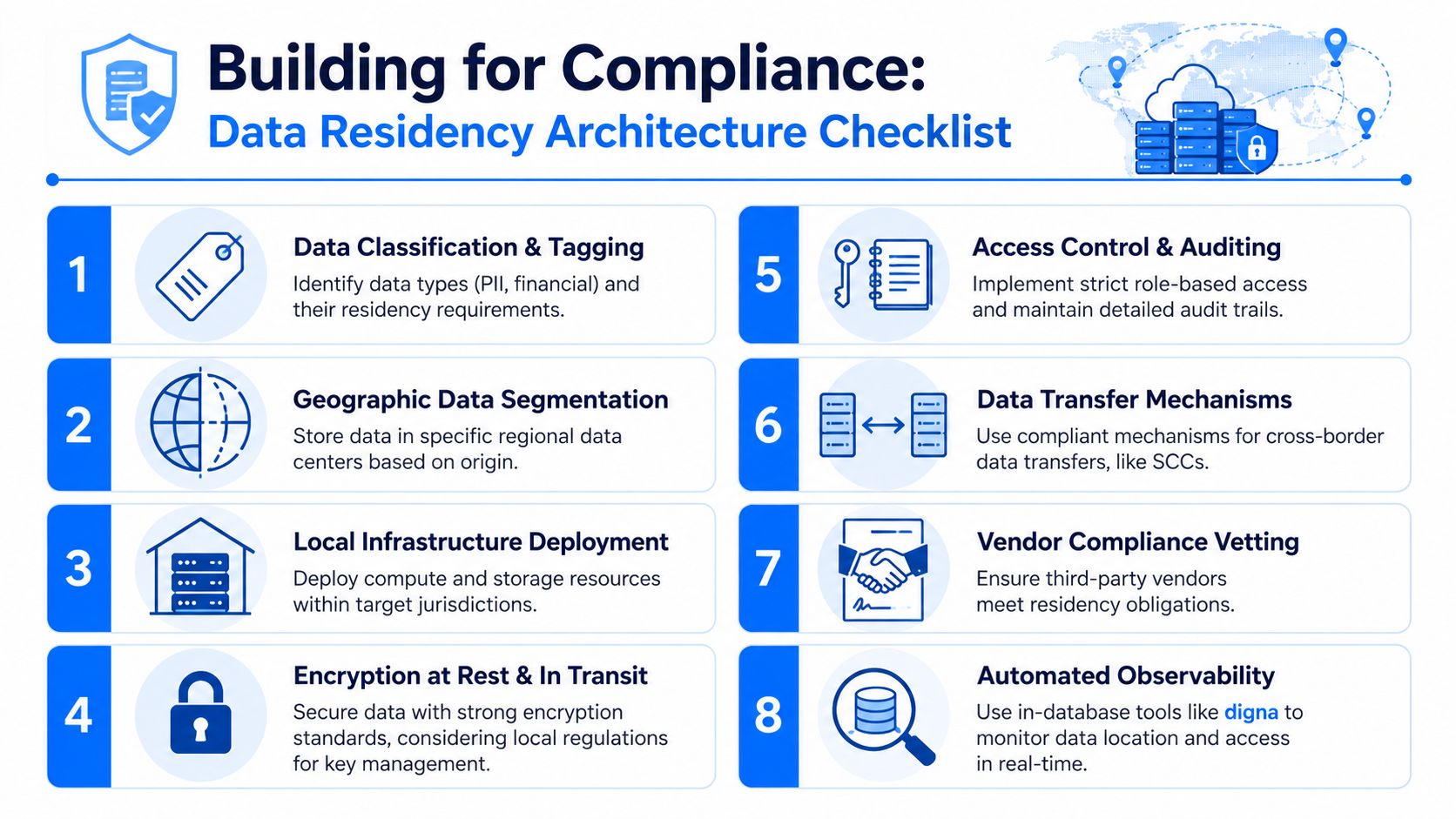 An eight-step infographic checklist for building compliant data residency architecture for businesses and organizations.