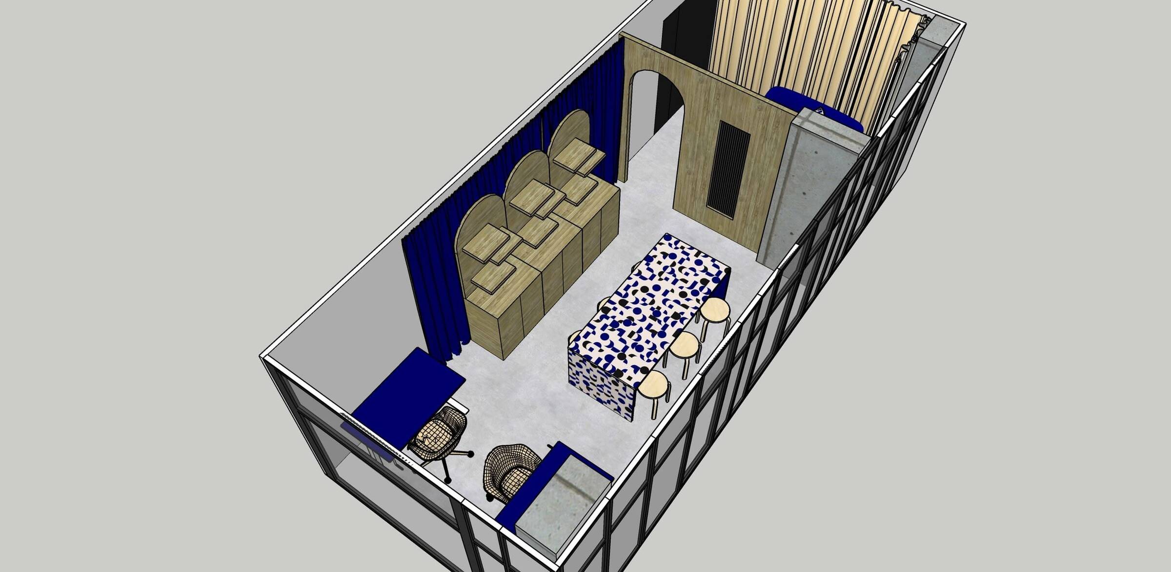 3D render of bespoke office space with collaborative area and custom centrepiece table by Brighton interior designer
