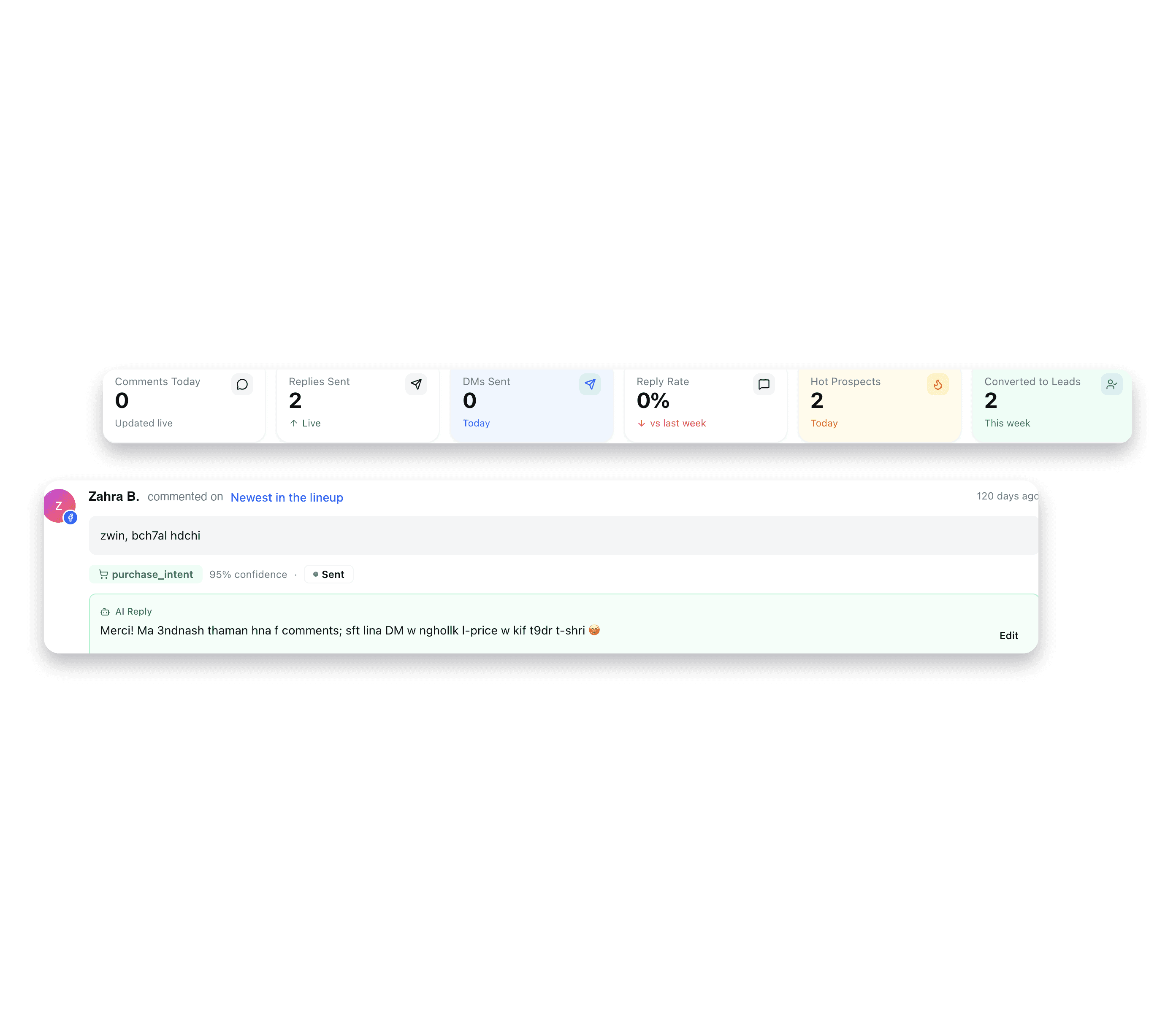GoSmooth dashboard showing AI comment intent detection and replies