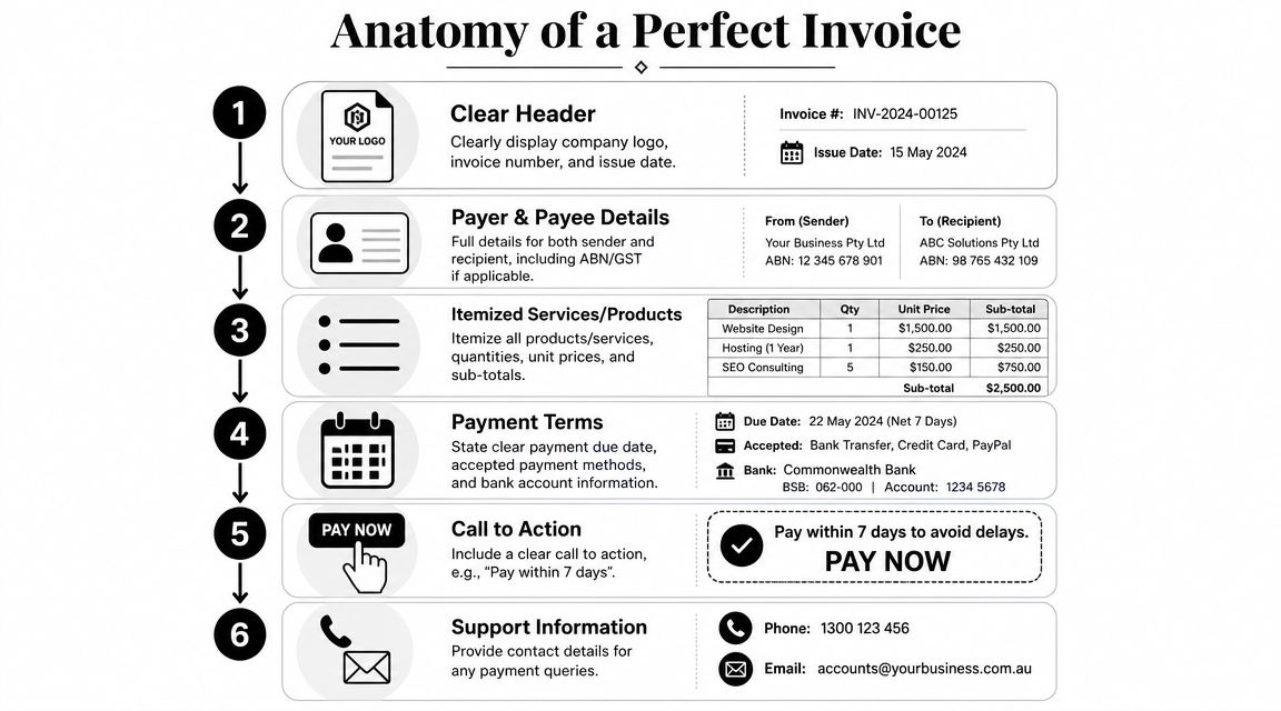 An infographic detailing the six essential components for creating a professional and effective business invoice.
