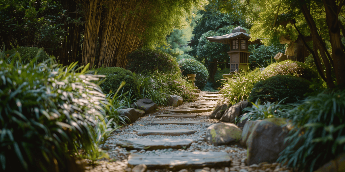 Traditional Japanese garden with stepping stone path through manicured shrubs, under a bamboo grove, leading to an ornate garden lantern, capturing the serene beauty of Eastern landscape design.