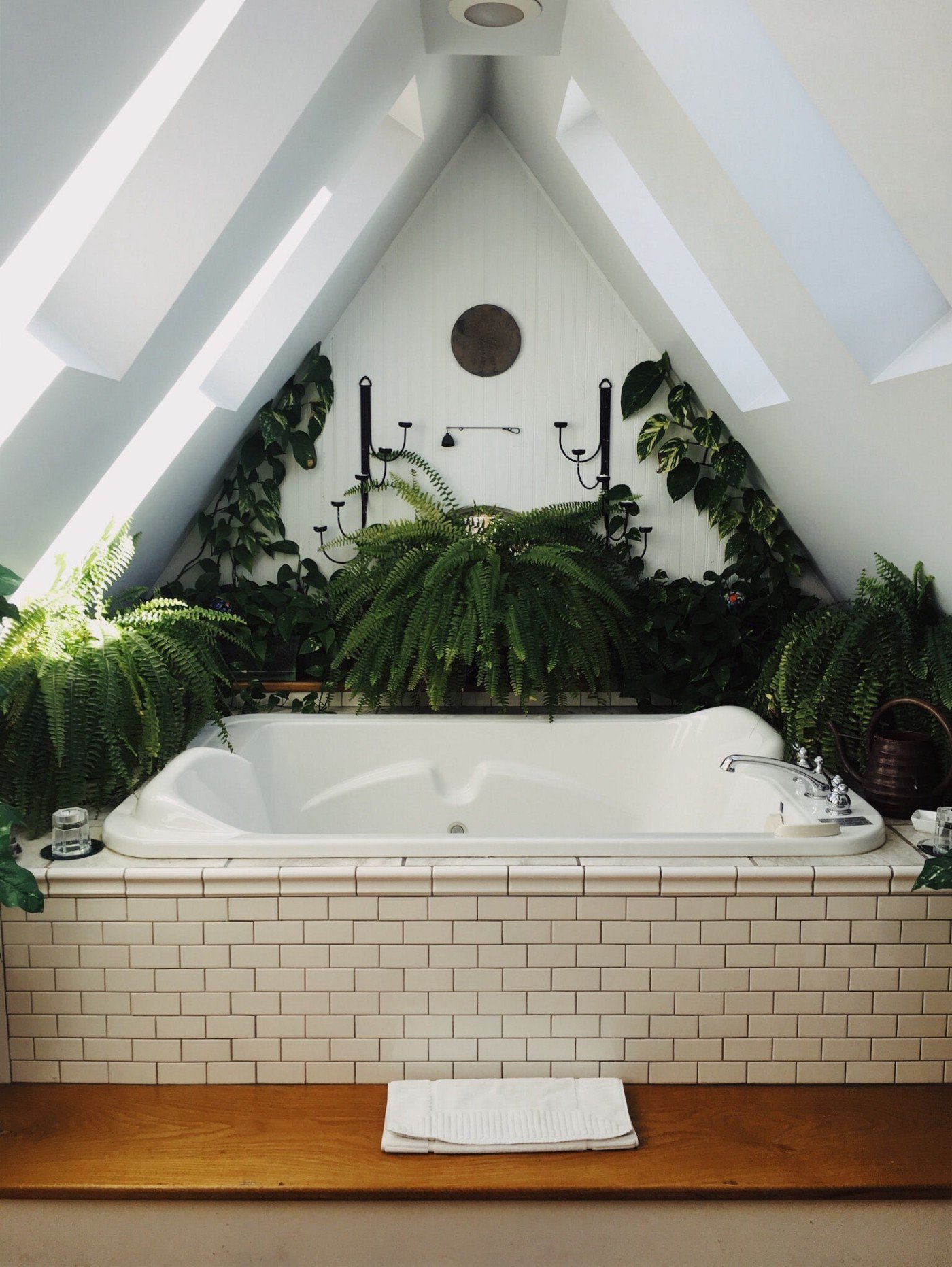 A bathtub set under a sloped ceiling with plants along the wall
