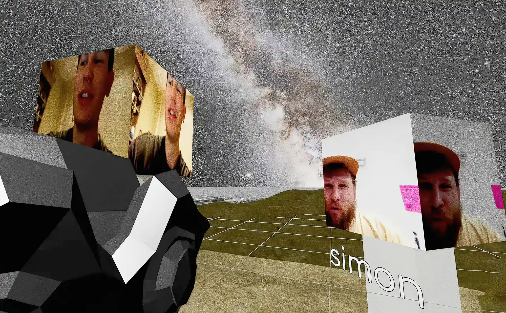 "A shared moment inside a metaverse environment developed together with Simon Barazin from SB Studio. The space combines avatar fragments, simple 3D geometry, a gridded ground, and a cosmic background."