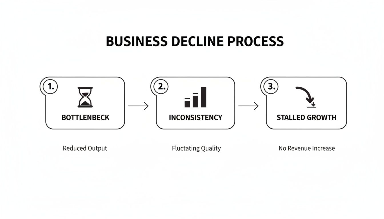 A three-step diagram illustrating the business decline process: Bottleneck, Inconsistency, and Stalled Growth.