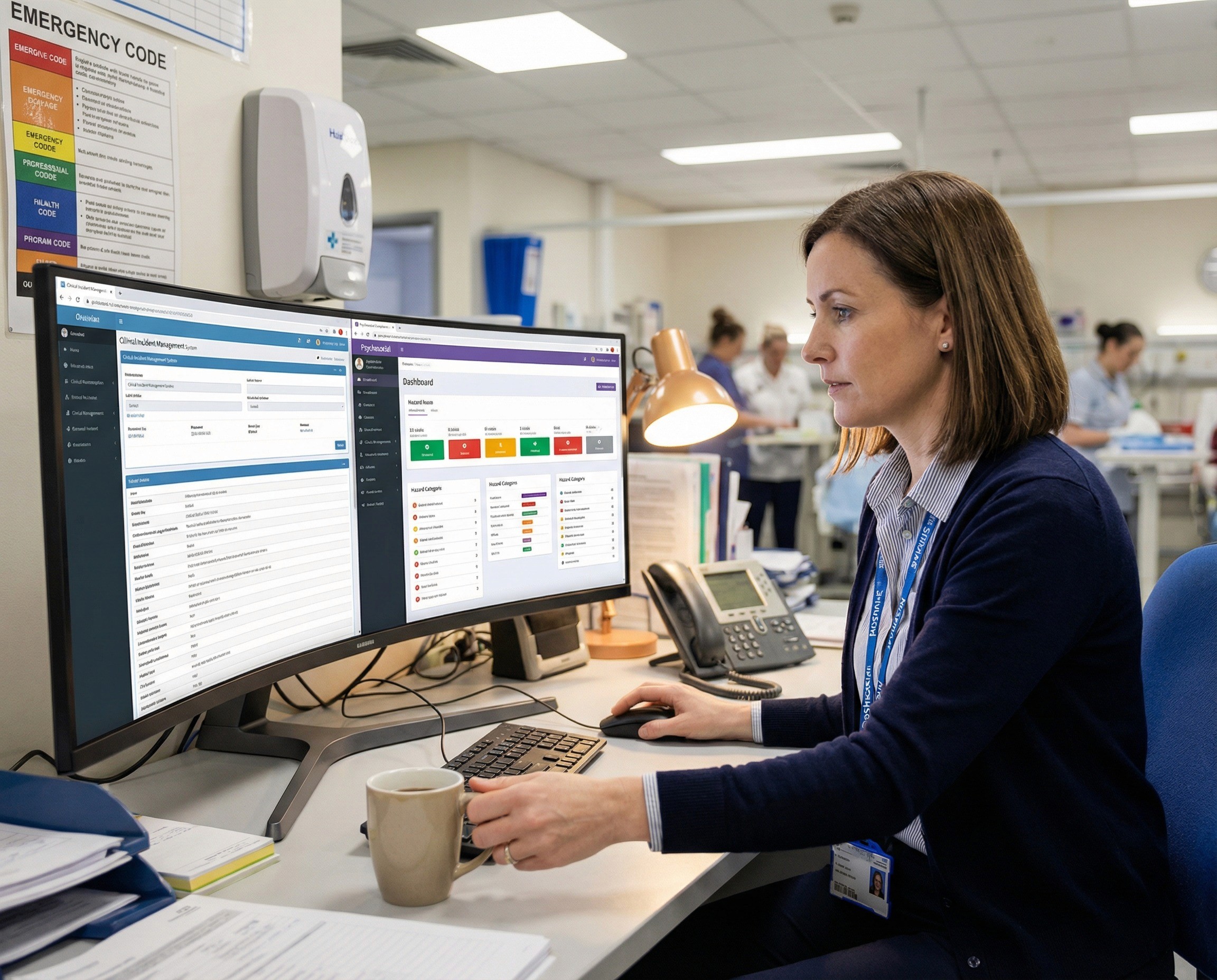 A safety and quality manager in her early 40s sitting at a workstation in the nursing administration area of a hospital — a shared desk space near the ward, with the particular textures of a healthcare working environment: a hand sanitiser dispenser mounted on the wall beside her, a printed emergency code poster partially visible, a ward phone within reach. She has a single wide monitor with a split-screen view — on one side, a clinical incident management system with its own colour scheme and layout (the system the hospital already uses for clinical governance), and on the other side, a psychosocial compliance interface with structured hazard categories and control status indicators in a purple-accented palette. Her hands are working naturally — mouse in one hand, the other reaching for a coffee — with the fluid body language of someone who moves between two complementary systems without friction